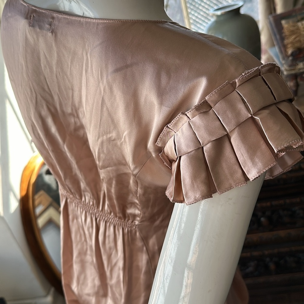 Silk Genuine Satin Top Blouse Powder pastel pink Pleated sleeve V neck Tie front